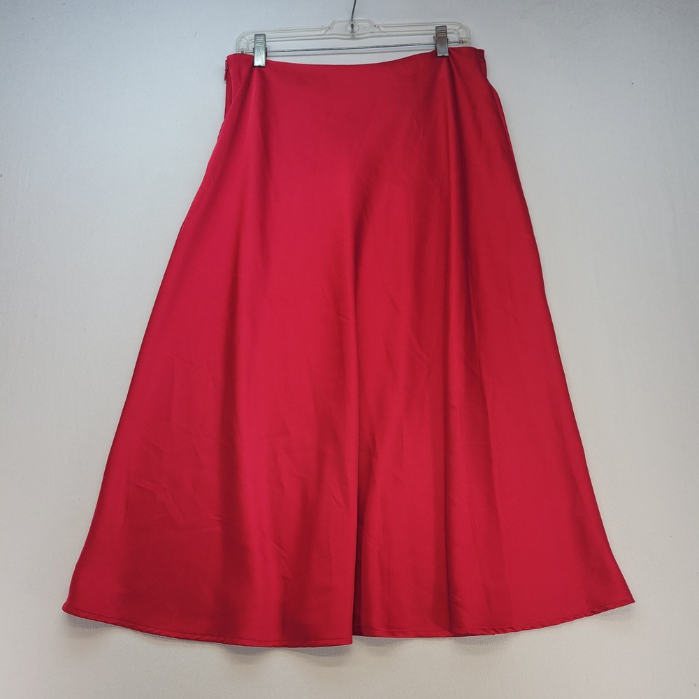Nine West Midi Skirt Womens Large Red A-Line Satin Side Zip Holiday Elegant